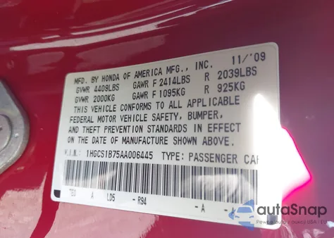 2010 Honda Accord 2.4 Ex z USA, uszkodzony, nr VIN 1HGCS1B75AA006445